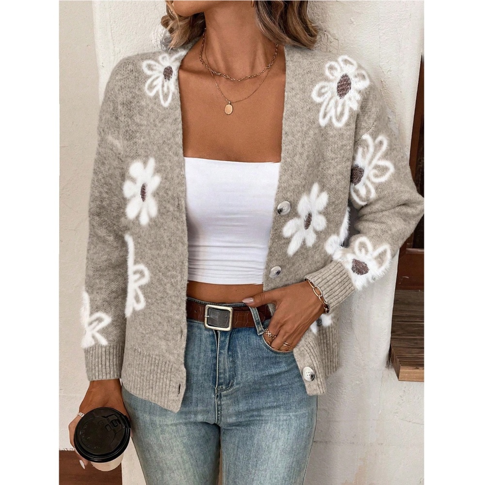 Khaki Cardigan Knit Flower Textured Button Front Fuzzy - Picture 6 of 8